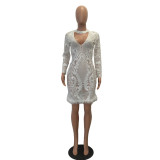 Sequins White Sexy Plung Dress with Fur Hem 27081-2