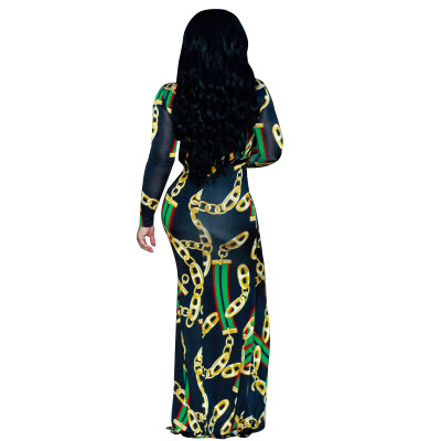 Chains Print Black Maxi Dress with Sleeves 27762