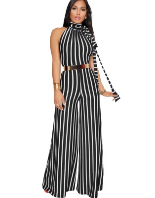 Sexy Backless High Neck Stripped Jumpsuit