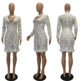 Sequins White Sexy Plung Dress with Fur Hem 27081-2