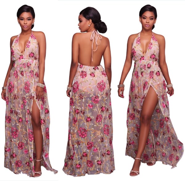 Sexy Backless Floral Halter Long Dress 26290-1