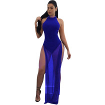 Sexy Blue Sheer Mesh Slit Hemline Nightclub Dress 25796-4