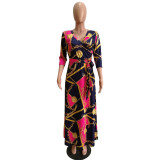 Print Wrap Maxi Dress with 3/4 Sleeves
