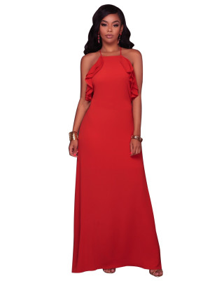 Pure Color Cross Back Straps Long Dress with Ruffles 26439-1