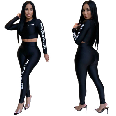 Letter Print Long Sleeve Tight Sports Top and Pants