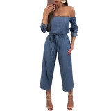 Sexy Off Shoulder Blue Jumpsuit with Waist String 27688