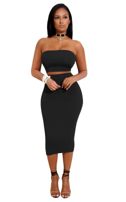 Plain Color Strapless Top and Mid Skirt