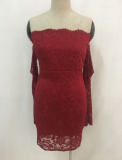 Red Lace Off Shoulder Long Sleeve Party Dress 27317-2