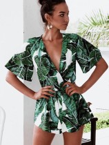 White and Green Print Wrapped Rompers