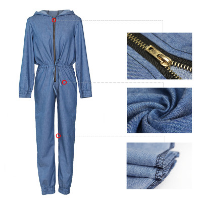Long Sleeve Casual Denim Jumpsuit with Hood