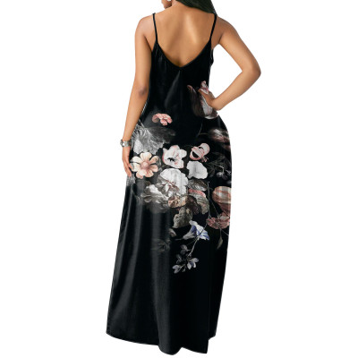 Black Floral Straps Long Pocket Dress