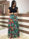 Print Flower Long Dress with Cap Sleeves