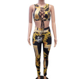 Gold and Black Print Lace-Up Top and Tight Pants