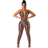 Multi-Color Stripped Sequins Halter Jumpsuit