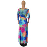 Print Colorful Long Sleeve Wrap Maxi Dress