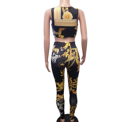 Gold and Black Print Lace-Up Top and Tight Pants