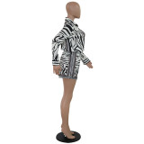 Print Zebra Long Sleeve Blouse and Shorts Set