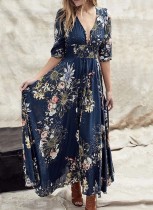 Half Sleeves Flower Maxi Dress