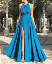 High Cut Blue Halter Long Dress