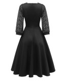 Sequare Neck A-Line Dress with Lace Sleeves