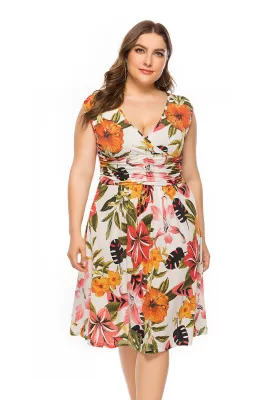 Plus Size Print Sleeveless Wrap Midi Dress