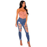 Light Blue Ripped Hole Destroyed High Wasit Jeans 25908