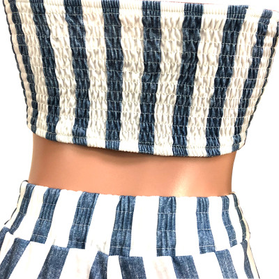 White and Blue Stripes Crop Top and Ruffle Trousers