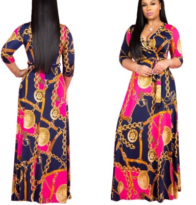 Print Wrap Maxi Dress with 3/4 Sleeves
