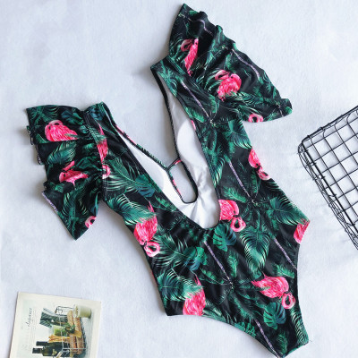 Print Green One-Piece Plung Swimwear