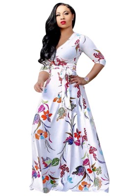 Print 3/4 Sleeves Wrapped Maxi Dress