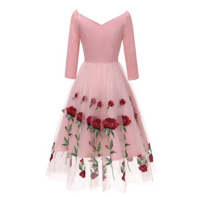 Pink Embroidery A-line Prom Dress