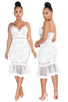 White Lace Straps Mermaid Party Dress