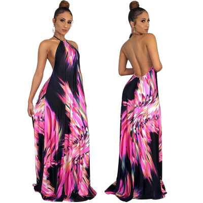 Sexy Backless Halter Print Maxi Dress