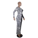 Zebra Print Long Straight Dress with Full Sleeves