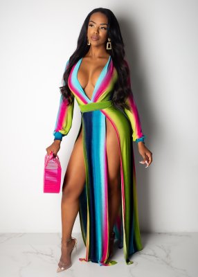 Multi-Color Sexy Stripped Slit Deep-V Maxi Dress