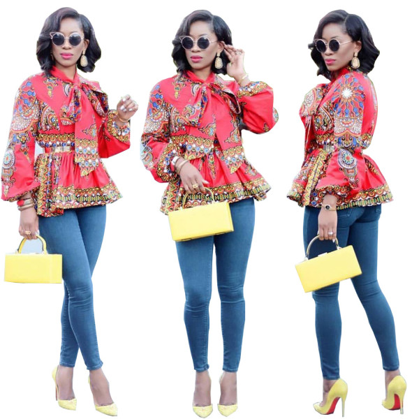 African Dashiki Red Peplum Tops 27216