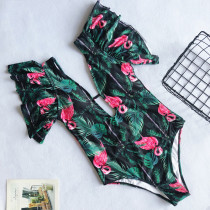 Print Green One-Piece Plung Swimwear