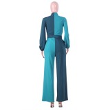 Elegant Contrast Long Sleeve Jumpsuit with Belt