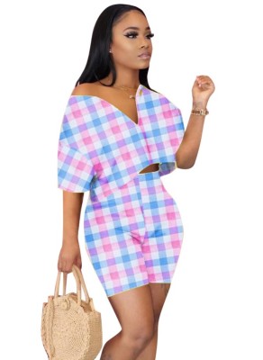 Summer Casual Plaid Two Piece Shorts Set