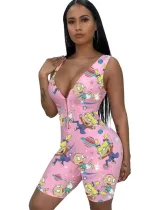 Summer Carton Print Sleeveless Bodycon Rompers