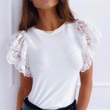 Summer White O-Neck Shirt with Lace Sleeves