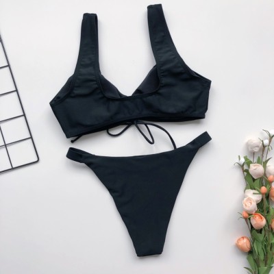 Solid Color Two Piece Strings Swimwear