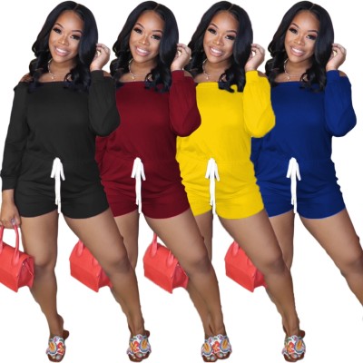 Casual Off the Shoulder Drawstring Rompers with Full Sleeves