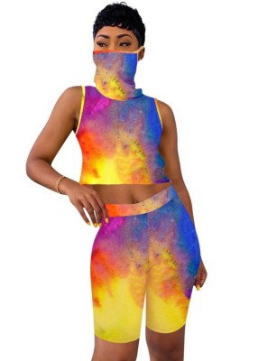 Summer Tie Dye Two Piece Sleeveless Shorts Set with Face Scarf