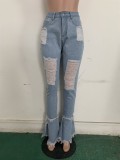Stylish Blue Ripped Flare Jean Trousers