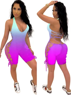 Sexy Lace Up Gradient Summer Bodycon Rompers