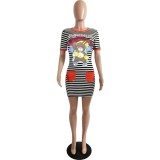 Summer Cartoon Print Stripes Fit Shirt Dress