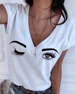 Summer Print V-Neck Basic Shirt