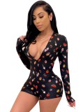 Sexy Print Long Sleeve Deep-V Bodycon Rompers