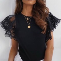 Summer Black O-Neck Shirt with Lace Sleeves